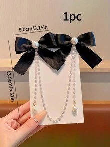 1入女童蝴蝶結珍珠髮夾髮飾品 - 黑色 - 查看 2