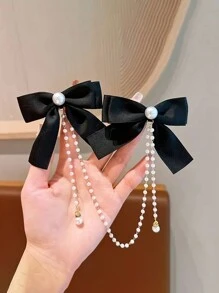1入女童蝴蝶結珍珠髮夾髮飾品 - 黑色 - 查看 1