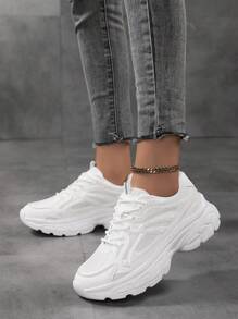 Mujeres Moda Transpirable Malla de color puro Zapatos de talla grande, zapatillas gruesas y blancas con suela gruesa para aumentar la altura y ajuste cómodo