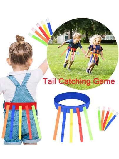 Children's Outdoor Tail-Grabbing Game, Including 1 Belt And 5 Ropes. It's A Team Training Cooperative Game Where Boys And Girls Grab Ropes From Each Other, Suitable For Playing With Good Friends, Kindergarten Buddies, And Interactive Games With Parents