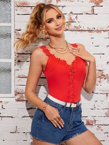 Blusa De Chaleco Encaje Para Mujers, Blusa Blanca Sin Mangas De Cuello V Casual De Moda,Suave Y Cómodo, Se Puede Usar Fuera - Naranja - Ver 3