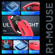 ATTRCK SHRRK R1 59g Tri-Mode Lightweight Wireless Gaming Mouse With Anti-Slip Stickers, 2.4GHz/Bluetooth/Wired Connectivity,6 Adjustable DPI Up To 18000, PAW3311 Sensor-Black