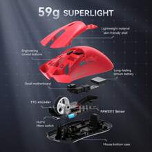 ATTRCK SHRRK R1 59g Tri-Mode Lightweight Wireless Gaming Mouse With Anti-Slip Stickers, 2.4GHz/Bluetooth/Wired Connectivity,6 Adjustable DPI Up To 18000, PAW3311 Sensor-Black