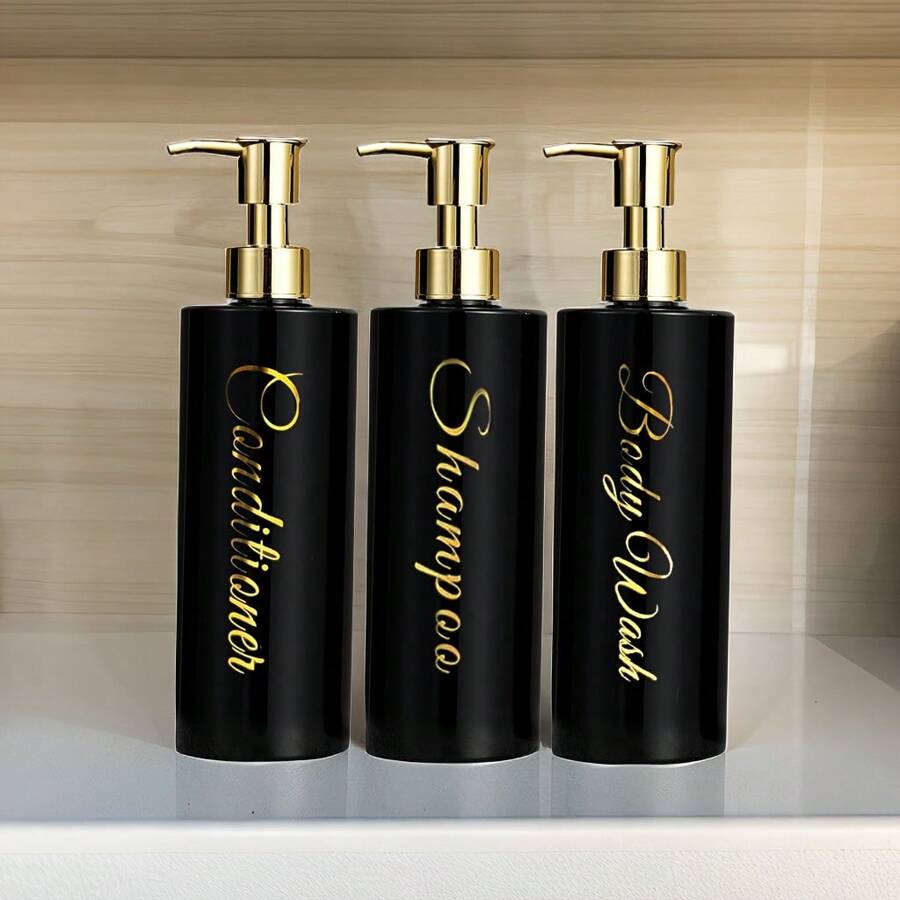 3pcs/Set 500ml Bathroom Dispenser, Empty Bottle For Shampoo, Shower Gel, Conditioner, Refillable Bathroom Dispenser Home Bathroom Decor Fall Decor Back To School - Cylindrical Black + Full Gold Pump - View 1