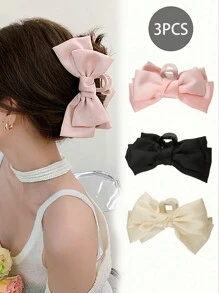 3pcs/Set Women's Pink, Black, White Elegant Bowknot Large Hair Claw Clips Hair Jaw Clip Hair Clamps Hair Clutch Hair Catcher Clip