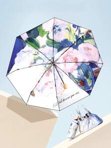 1 Miếng Cao-kết thúc Hai lớp In Ô dù , Có thể mang đi Và Gấp lại Với Thiết kế hoa , Chống tia cực tím Sự bảo vệ Upf50 + Đối với mặt trời Và Mưa , Sành điệu Và Thanh lịch Với A Phù hợp Mang Cái túi , In Màu hồng Và Màu xanh lá - Ô dù cầm tay bằng gỗ in 2 lớp - Xem 4