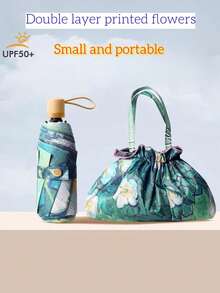 1 Miếng Cao-kết thúc Hai lớp In Ô dù , Có thể mang đi Và Gấp lại Với Thiết kế hoa , Chống tia cực tím Sự bảo vệ Upf50 + Đối với mặt trời Và Mưa , Sành điệu Và Thanh lịch Với A Phù hợp Mang Cái túi , In Màu hồng Và Màu xanh lá - Ô dù cầm tay bằng gỗ in 2 lớp - Xem 6