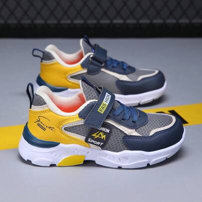 男孩時尚色塊設計魔鬼氈運動鞋-具有吸震、防滑、透氣網布運動鞋,適合室外跑步和步行