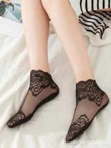 5 Paare Damen Kurze Schwarze Spitzensocken Mit Blumenmuster, Unsichtbar Und Vielseitig Für Den Täglichen Gebrauch