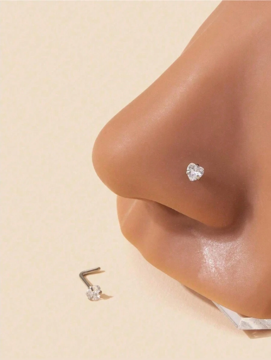 1 Stück modischer, einfacher, herzförmiger Nasenstecker aus Edelstahl mit kubischem Zirkonia für Frauen, Party-Geschenk zum Valentinstag - Grau - Übersicht 1