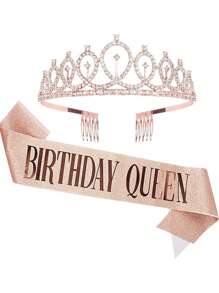 2pcs/Set Bling Rhinestone Crystal Rose Gold Crown Birthday Decoration Birthday Queen Satin Sash Party Supplies,Christmas