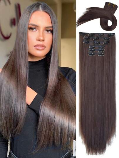 Clip On Long Straight Synthetic Hair Extension 24 Inch 6PCS Chocolate Brown High Gloss Thick Hair Piece Natural Soft Synthetic Fiber Double Weft Women