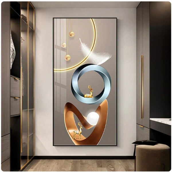 1pc Abstract Luxury Geometry Feather Leaf Light Canvas Painting Deer Decorative Wall Art Golden Living Room Porch Decor No Frame