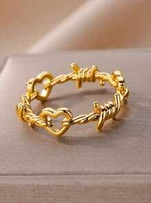 1 件女士心形戒指复古金色不锈钢扭纹铁丝戒指美学珠宝礼物 - 金色 - 查看 8