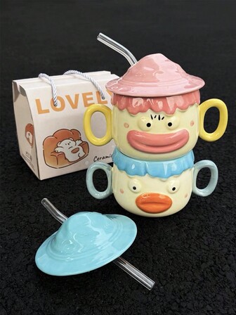 1 pieza Taza de cerámica divertida y linda con doble asa y pajita, taza de leche adorable de vaca payaso, taza para pareja/mejor amigo, mejor taza de regalo para la sala de estar, comedor