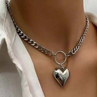 Chunky Heart Choker Necklace Heart Pendant Necklace Punk Hip-Hop Chunky Chain Necklace Jewelry Gift For Women Girls Valentines,Mom,Mother,Mother's Day,Gift