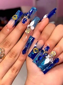 24 peças Unhas Postiças de Formato Quadrado Longo Francês Gradiente Azul 3D Decoradas com Flores e Glitter, Unhas de Acrílico Fake para Manicure. O Conjunto de Unhas Inclui 1 Peça Cartela de Adesivos e 1 Peça Mini Lixa, Perfeito para Uso Diário. - Multicolorido - Visão 1