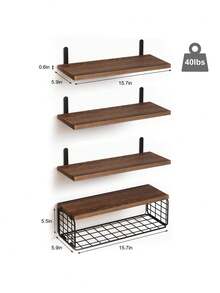 Juego De 4 Estantes Flotantes, Estante De Pared De Madera Rústica, Estante De Baño Con Cesta De Almacenamiento, Decoración De Pared De Estilo Granja Para Dormitorio, Cocina, Sala De Estar Y Plantas , Decoración De Habitación - Marrón - Ver 3