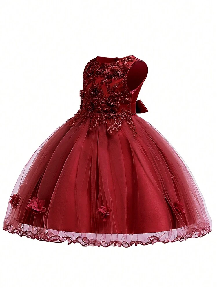 Vestido de tul y satén con flores abullonado de unicolor para niñas preadolescentes, vestido elegante y formal adecuado para fiestas de cumpleaños, eventos escolares, sin incluir diadema - Burdeos - Añade 3