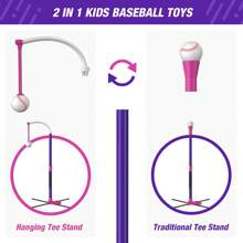 HYES 3-In-1 Baseball Set For Kids 3-5 - Tee Ball Stand, Hanging Tee, Ball Launcher And 6 Softballs - Adjustable Height, Indoor/Outdoor Sport Gifts For Boys, Blue,Purple - Purple - View 6