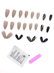 Conjunto de 24 uñas postizas de forma de almendra de color café con leche con exquisito diseño de láminas doradas y líneas para uso diario y fiesta. Suministros para uñas. - Café integral - Ver 2