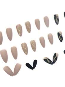 Conjunto de 24 uñas postizas de forma de almendra de color café con leche con exquisito diseño de láminas doradas y líneas para uso diario y fiesta. Suministros para uñas. - Café integral - Ver 3