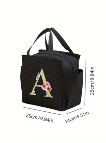 1 件全新加厚字母印花保温袋，便携式午餐盒保温袋，金色字母花朵印花保温袋，户外露营午餐袋，便携式冷冰袋，便携式食物冷却器适合工作、学校和旅行女士午餐盒袋女士学校用品配件 - 黑色 - 查看 8