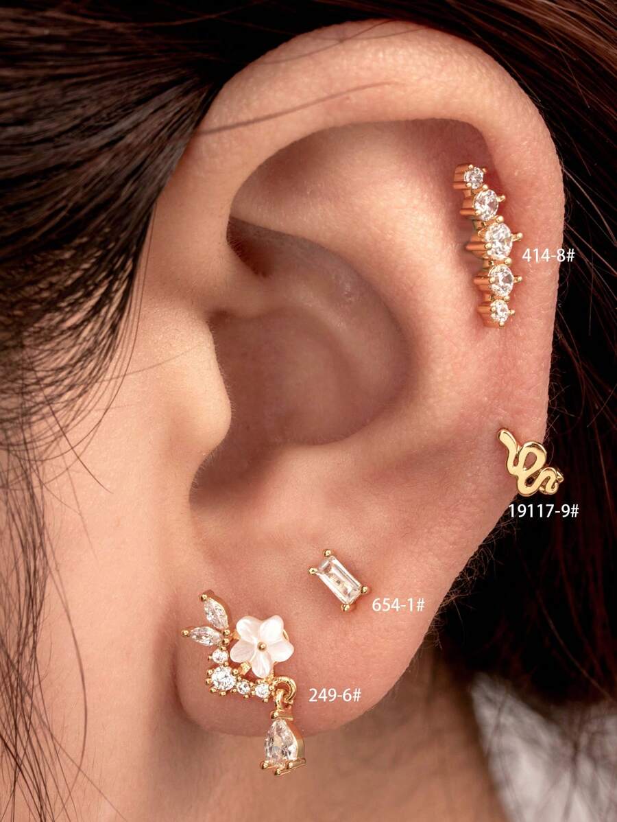 Toppiercing 1入組極簡時尚蛇形小耳釘,銅製鋯石和創意花卉設計,不鏽鋼上針,適用於軟骨穿刺 - 金黃色 - 查看 1