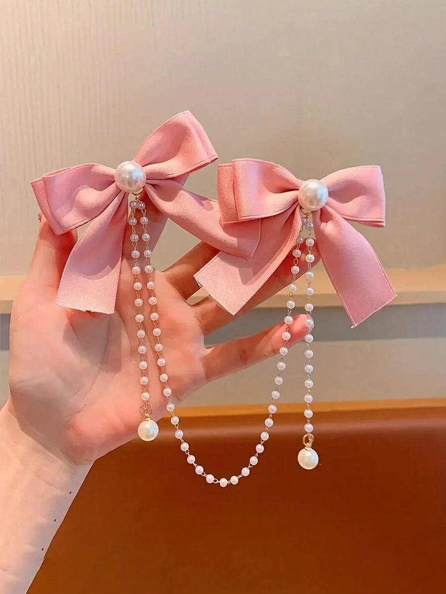 1pc Teen's Bowknot Pearl Hair Clip Hair Accessory - Pink - View 1