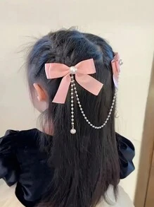 1pc Teen's Bowknot Pearl Hair Clip Hair Accessory - Pink - View 3
