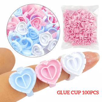 100PCS Glue Cup, Volume Heart Glue Rings For Lashes Fan, Lash Glue Holder Ring Cups, Eyelash Glue Ring For Lash Extension Supplies, Blossom Ring Fanning Cups For Eyelashes