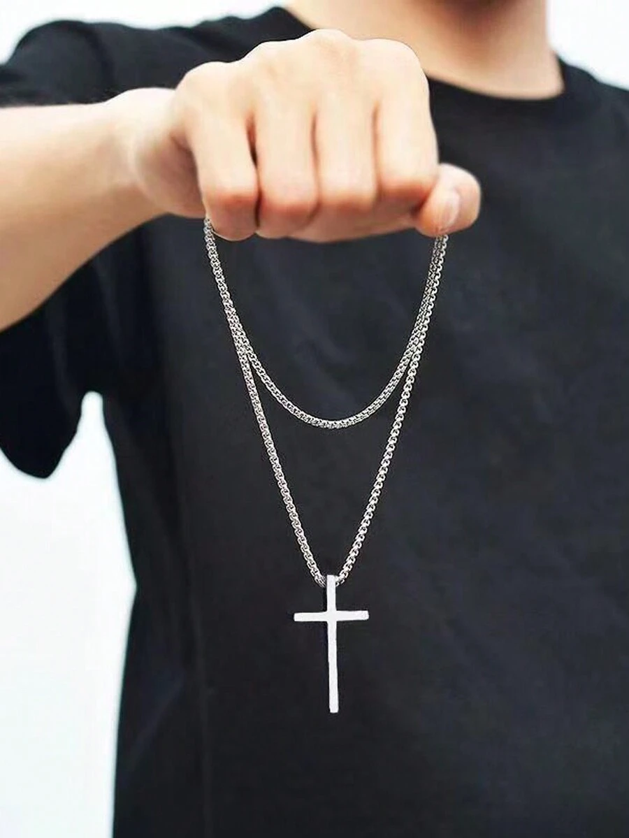 1pc Men's Fashionable Street Style Personalized Stainless Steel Cross Necklace, Festival Gift - Silver - View 1