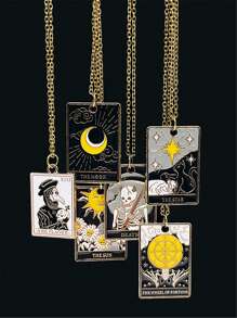 1pc Punk Star, Sun, Moon Drip Oil Square Pendant Necklace Stainless Steel Chain, Unisex