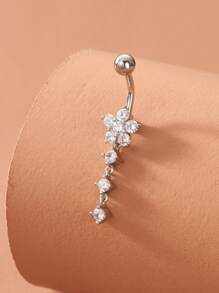 1pc Two Rhinestone Decorated Flower Design Belly Button Ring With Plant Motif Valentines,Mom,Mother,Mother's Day,Gift - Silver - View 2