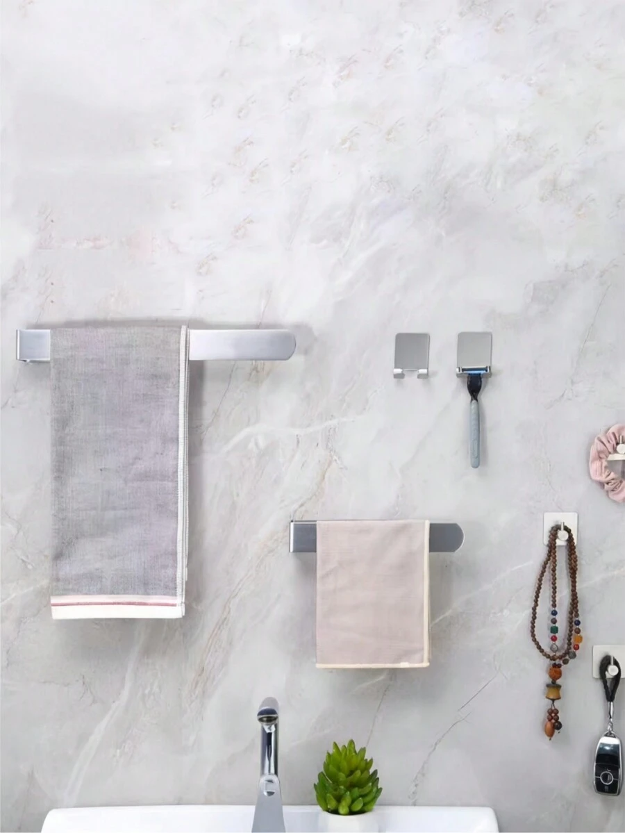 304不銹鋼浴室套裝，包括毛巾架、衛生紙架、掛衣鉤（無需鑽孔安裝）- 7件裝 - 銀色 - 查看 1