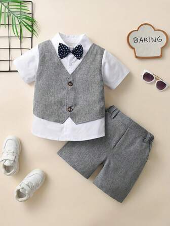 2 件装年轻男孩绅士短袖西装 - 灰色背心 2 合 1 衬衫、领结、灰色短裤