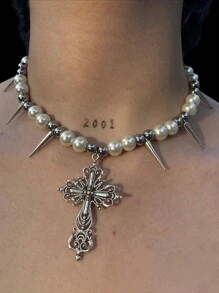 1pc Gothic Cross Spiked Pearl Necklace, Metal Accessories For Daily Outfit And Party
