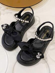 2024年夏季新款女士大碼涼鞋，輕便時尚的高跟鞋搭扣平台楔型鞋，舒適美麗的女士楔型涼鞋，帶蝴蝶結的斜坡跟休閒運動涼鞋 - 黑色 - 查看 4