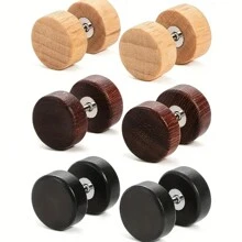 3 Pairs Men's Wooden Imitation Gauge Dumbbell Stud Earrings 6-12mm - Multicolor - View 8