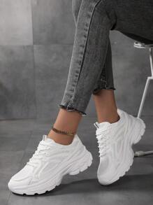 Mujeres Moda Transpirable Malla de color puro Zapatos de talla grande, zapatillas gruesas y blancas con suela gruesa para aumentar la altura y ajuste cómodo