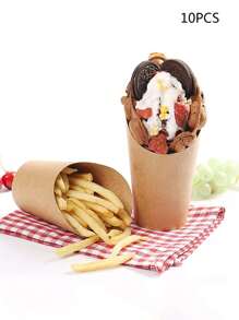 10PCS Disposable French Fry Cup Kraft Paper French Fry Rack Potato Chip Waffles Popcorn Ice Cream Snacks Party Snack Container - Brown - View 1