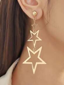 1 Pair Hollow Five-Pointed Star Geometric Metal Long Dangle Earrings, Suitable For Women, Holiday And Daily Wear, Versatile - Star - View 1