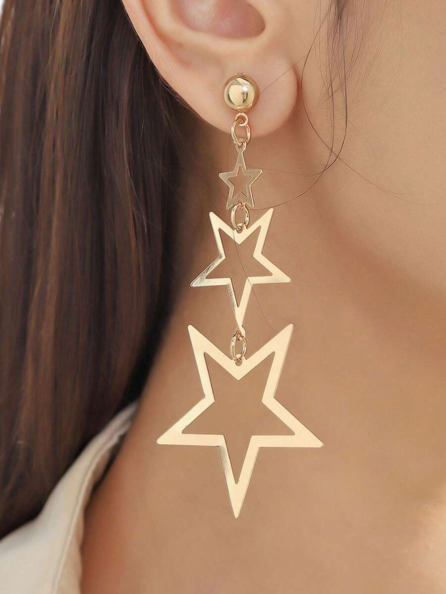 1 Pair Hollow Five-Pointed Star Geometric Metal Long Dangle Earrings, Suitable For Women, Holiday And Daily Wear, Versatile - Star - View 1