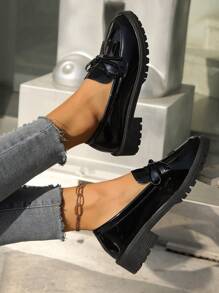 Của phụ nữ Ngoài trời Vintage Thanh lịch Giải trí Thời trang đa năng Da bằng sáng chế Nơ & Tua Đồ trang trí Dày Đàn hồi cao Bọt biển Hỗn hợp Giày đế bệt - màu đen - Xem 3