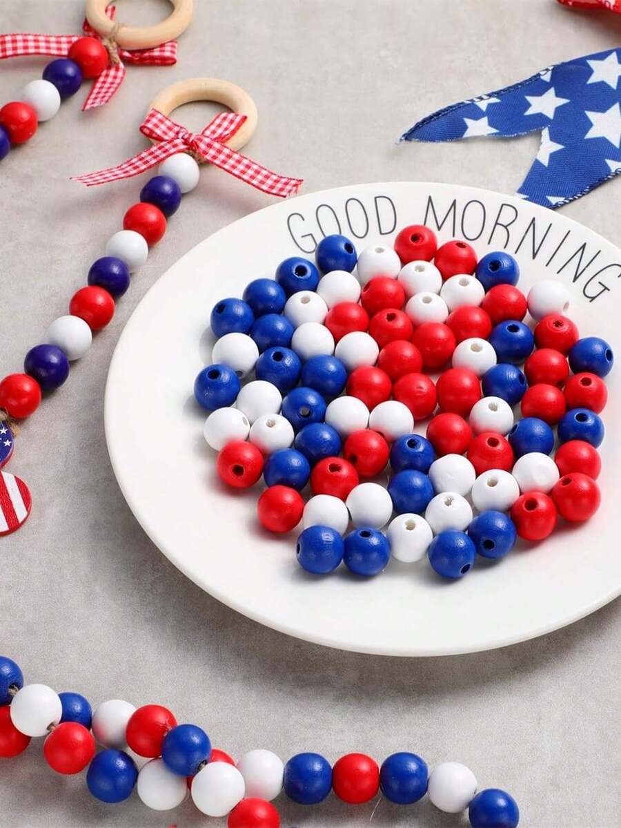 61入組圓形木珠愛國主題紀念日珠子,diy珠寶花環家居裝飾用鬆散工藝珠子 - 彩色 - 查看 1