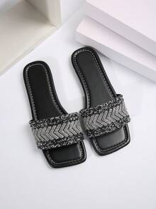 2024 Mùa hè Của phụ nữ Dép Trượt vào Với Pha lê Chi tiết , Gót phẳng , Dễ kết hợp - màu đen - Xem 6