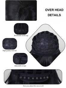 黑色假髮短款直齊齊黑色鬈髮短齒口鯊魚夾馬尾延伸,適用於派對萬聖節服裝假髮禮物女性劉海假髮蘿莉塔角色扮演假髮,雙可拆卸馬尾高溫熱阻紫外線防護合成纖維發型逼真甜美公主假髮附帶1入組假髮帽（4款套裝：2款夾式馬尾+1款假髮帽+1款假髮） - 黑色 - 查看 10