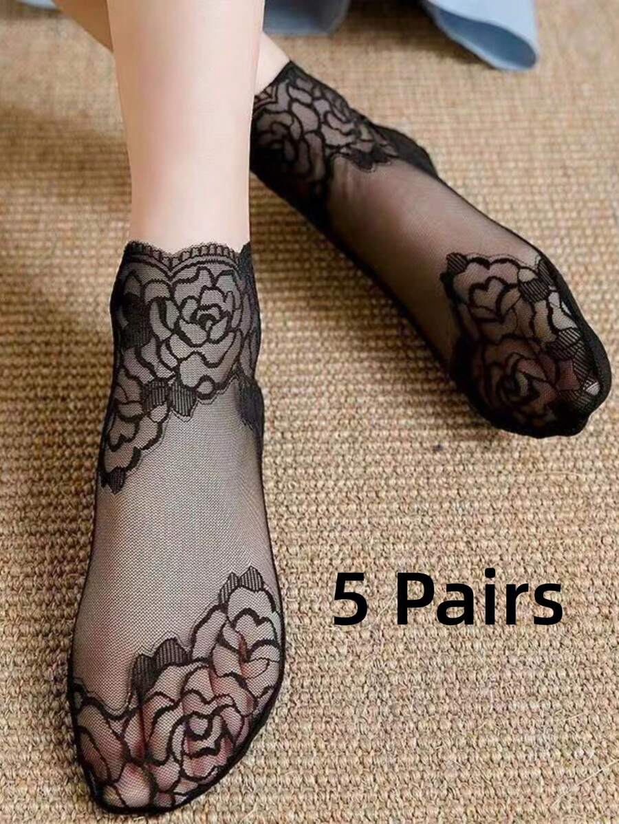 5 Paare Damen Kurze Schwarze Spitzensocken Mit Blumenmuster, Unsichtbar Und Vielseitig Für Den Täglichen Gebrauch
