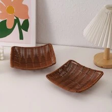 1 件家用手工編織藤製零食托盤 - 棕色 - 查看 10