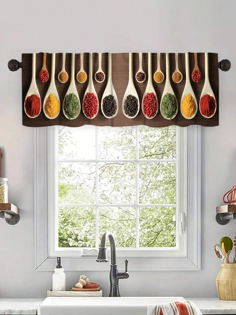 1pc Classic Reversible Spoon & Seasoning Print Curtain Valance, Small Short Curtain, Without Holes Curtain, Refer To Bedroom Office Kitchen Living Room Study Home Decor - Multicolor - View 1